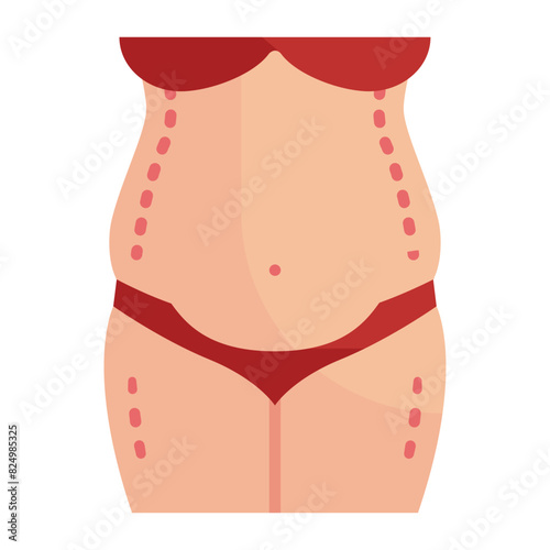 Tummy Tuck Operational Marking concept, lower abdominoplasty incision line drawn vector flat design, plastic surgeon Symbol,  body contouring Sign, Beauty treatment illustration