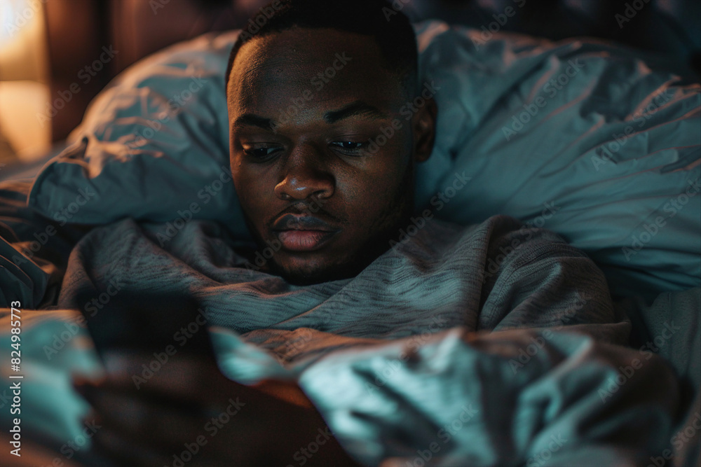 Fototapeta premium Generative AI illustration happy homey sleepy person lying in bed browsing laptop smartphone lazy morning evening