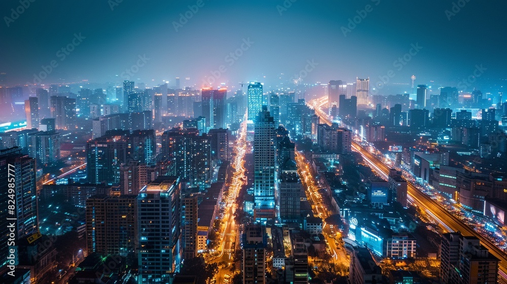 Panoramic view, modern city skyline at night from rooftop, skyscrapers illuminated, isolated background, studio lighting Panoramic view, modern city skyline at night from rooftop, skyscrapers illuminated, isolated background, studio lighting
