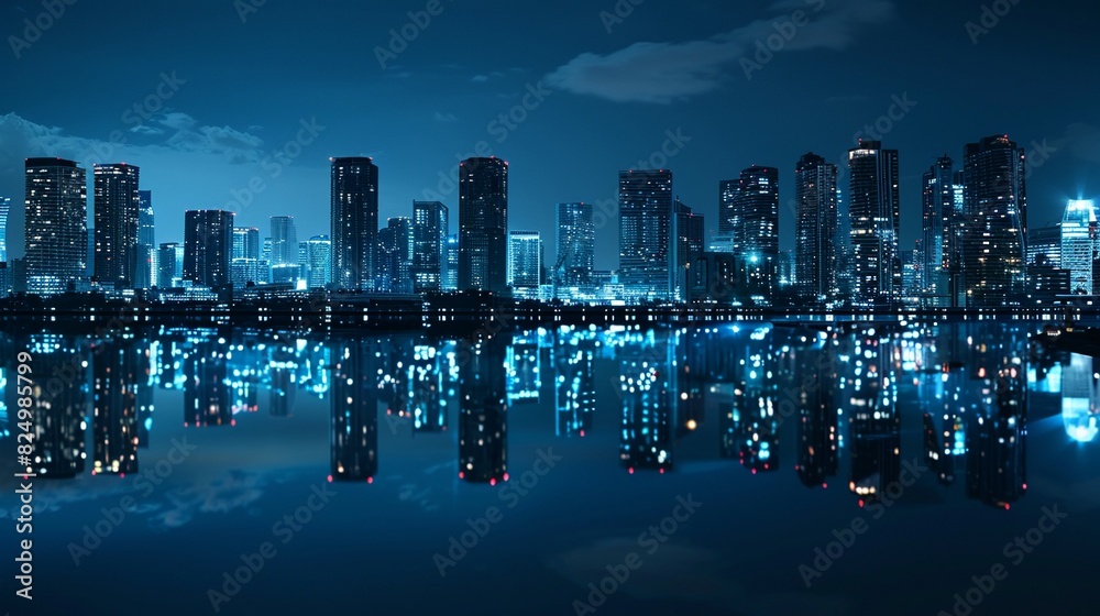 Fototapeta premium Panoramic view, modern city skyline at night from rooftop, skyscrapers illuminated, isolated background, studio lighting
