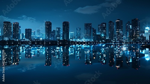Panoramic view, modern city skyline at night from rooftop, skyscrapers illuminated, isolated background, studio lighting