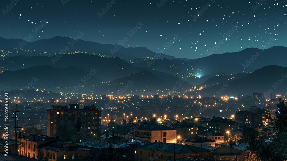 Fototapeta premium Panoramic view, modern city skyline at night from rooftop, skyscrapers illuminated, isolated background, studio lighting