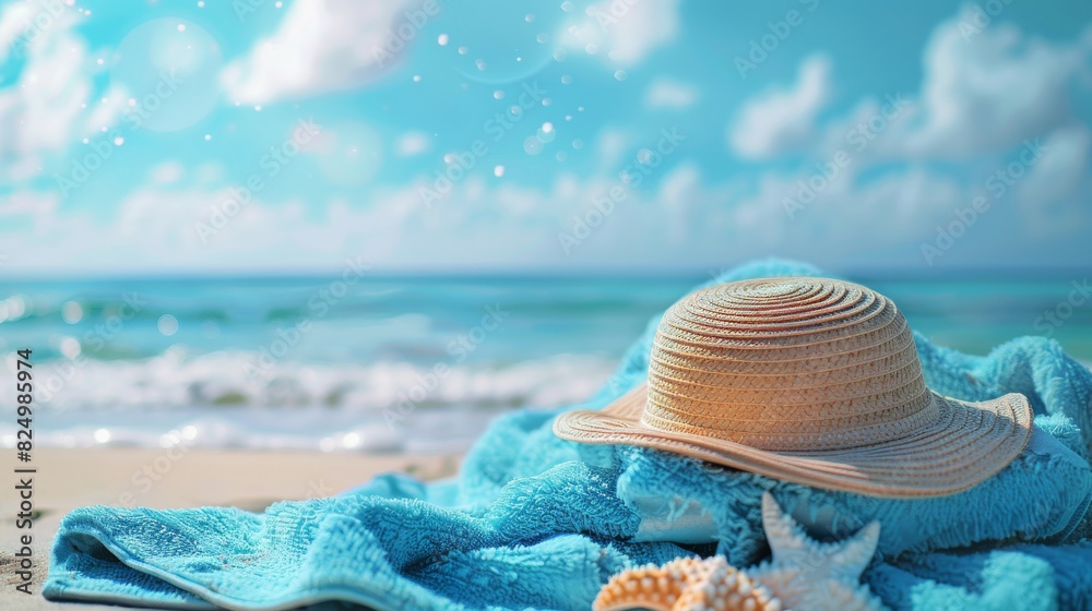 A straw hat and a colorful towel laid out on the sandy beach, under the bright sun A straw hat and a colorful towel laid out on the sandy beach, under the bright sun