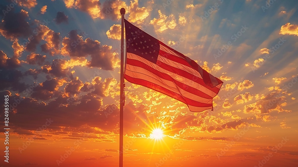 Obraz premium Patriotic scene with the American flag fluttering in front of a bright sunset sky, dramatic lighting and rich hues