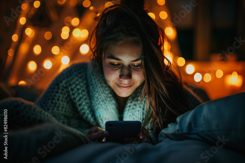 Generative AI illustration happy homey sleepy person lying in bed browsing laptop smartphone lazy morning evening