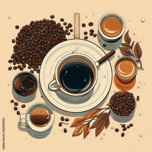 Top view of coffee cups, coffee beans, and leaves arranged on a beige background.
