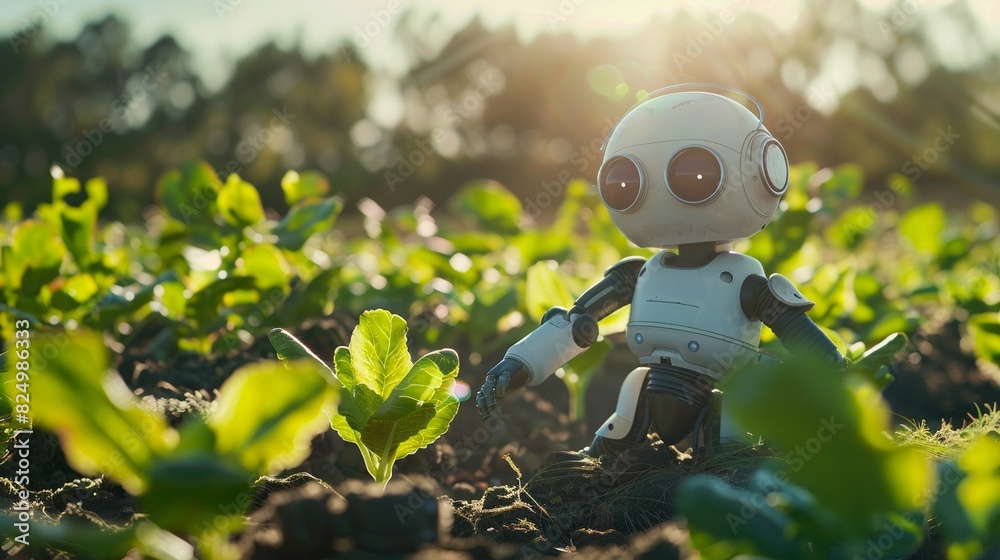 Robotic farmer with big, expressive eyes, monitoring the growth of lush, organic plants in a sunlit field Robotic farmer with big, expressive eyes, monitoring the growth of lush, organic plants in a sunlit field
