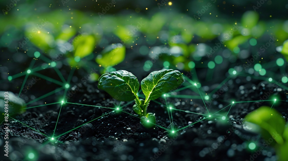Young green plant sprouts in soil connected by glowing digital network, representing modern agriculture and technology integration