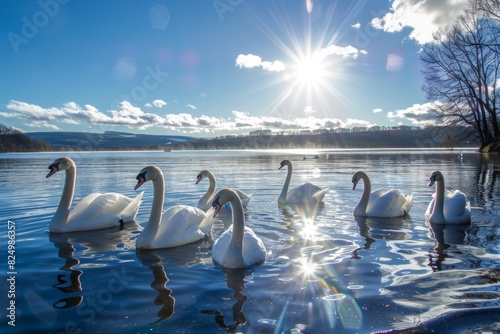 A lot of Graceful Swans Gliding Effortlessly Across Crystal Clear Lake Water Under the Warm Embrace of Sunlight