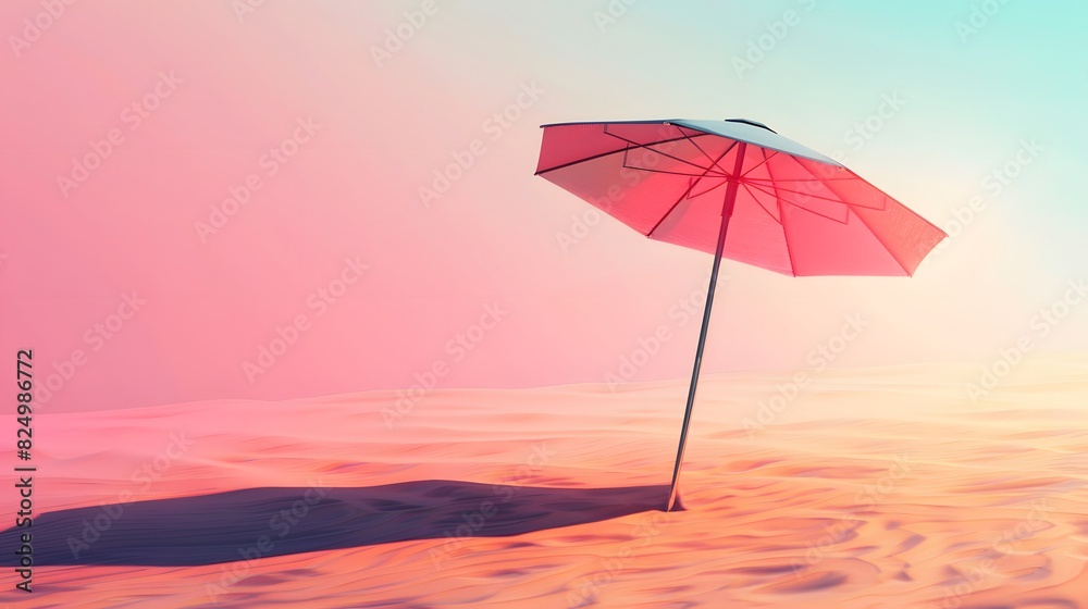Generate a vector illustration of a beach umbrella casting a shadow on the sand, set against a gradient sky blending from soft pink to azure