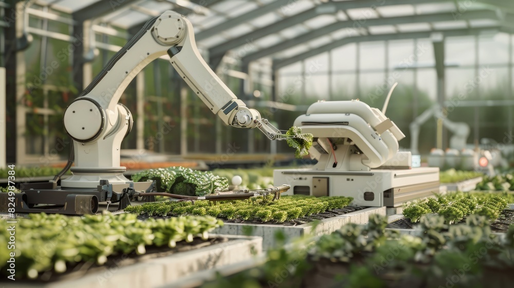 In the greenhouse, a robotic arm and small cars with black wheels on each hand plant lettuce in rows