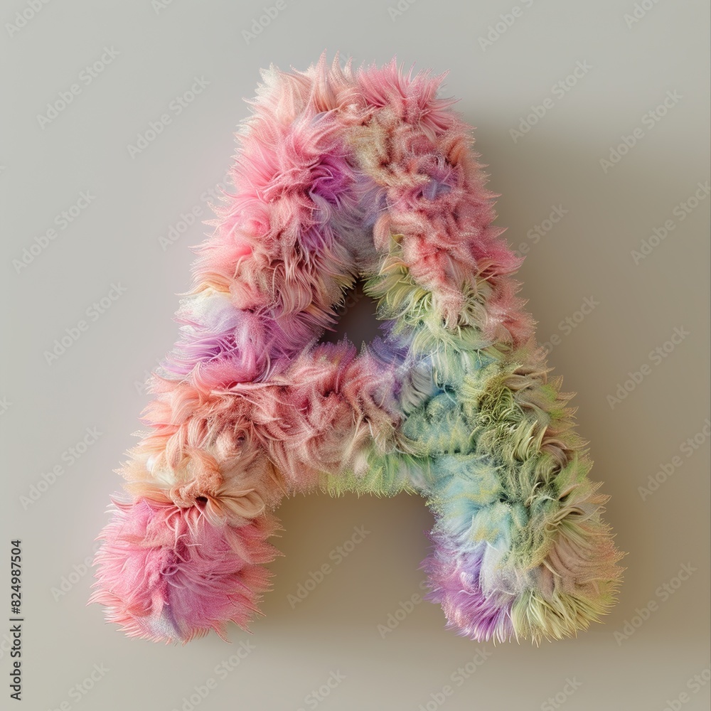Charming Typography Design of the Letter ‘A’ in Fine Fluffy Plush Texture with Candy Colors and Natural Lighting on a Light-Colored Background Charming Typography Design of the Letter ‘A’ in Fine Fluffy Plush Texture with Candy Colors and Natural Lighting on a Light-Colored Background