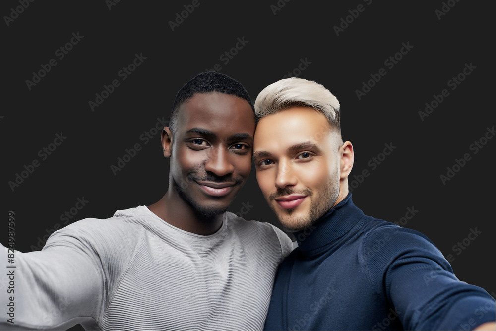 Hugging casual handsome young men taking selfies on a neutral isolated background Hugging casual handsome young men taking selfies on a neutral isolated background