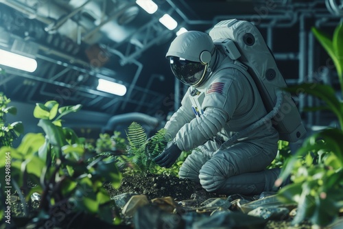 Fototapeta Naklejka Na Ścianę i Meble -  Astronaut tending to plants in a futuristic space station garden, Space exploration and sustainable living concept