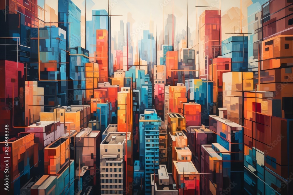 Fototapeta premium A beautiful painting of a city with bright colors.