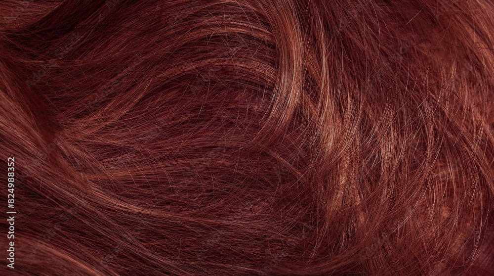 Naklejka premium Dark red hair close-up as a background. Women's long brown hair. Beautifully styled wavy shiny curls. Coloring hair with bright shades. Hairdressing procedures, extension.