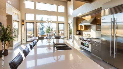 A large kitchen with a white counter and stainless steel appliances photo