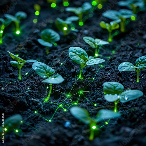 Young green seedlings glowing with bioluminescence in dark soil, representing futuristic eco-friendly farming and environmental innovation. photo