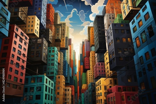 The photo shows a bunch of colorful buildings reaching up to the sky.
