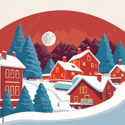 Winter fairy tale landscape, with houses and a river, in a winter snowy forest.