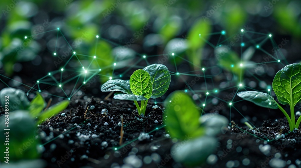 Young green seedlings sprouting from the soil with a digital network connecting the plants, symbolizing agriculture technology and innovation. Young green seedlings sprouting from the soil with a digital network connecting the plants, symbolizing agriculture technology and innovation.