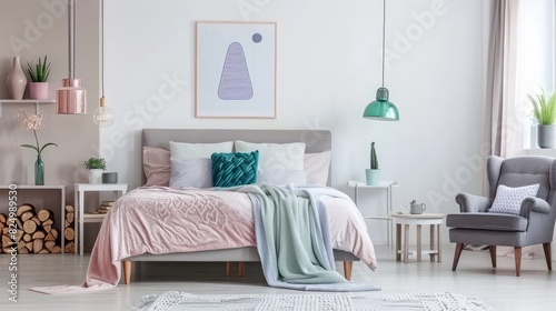 Minimalist bedroom with pastel pink, blue, and grey colors, featuring a gray bed in the center, a wooden log side table, and an empty poster above the headboard. © lililia