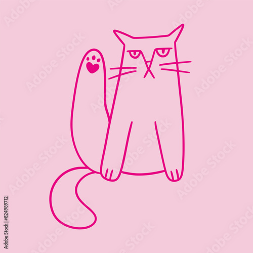 Cute doodle yoga cat with funny grumpy face. Hand drawn outline kitty sitting with straight leg. Fluffy playful cartoon character for t-shirt print, decorations.