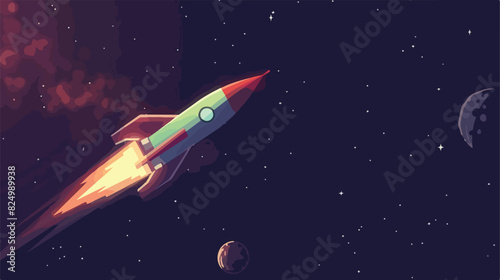 Isolated rocket flying in space. Futuristic integral photo