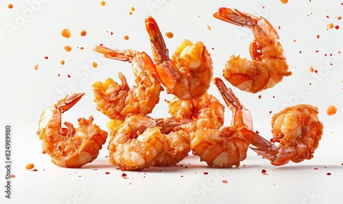 fried shrimps floating in the air, isolated on white background. photo