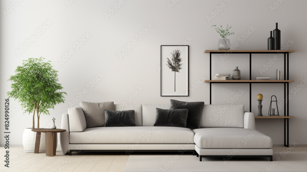 A contemporary living room with light gray walls, a sleek black sectional sofa, and a blank white frame mockup placed on a floating shelf. A contemporary living room with light gray walls, a sleek black sectional sofa, and a blank white frame mockup placed on a floating shelf.