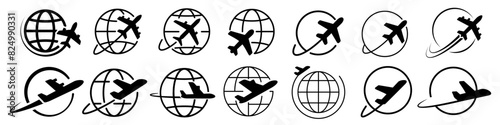 Globe plane icon. Plane travel icon.