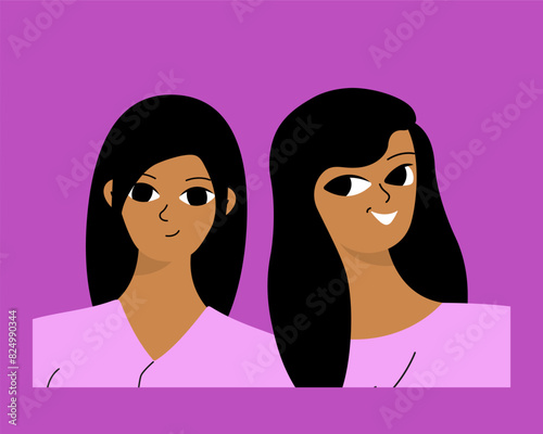 Couple of smiling black girls. Two friends, relatives or students are photographed. Isolated flat cartoon vector .