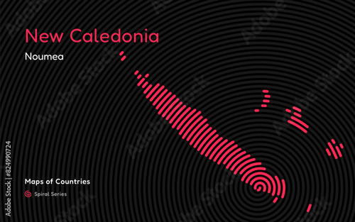 Abstract Map of New Caledonia in Spiral Pattern with Capital of Noumea