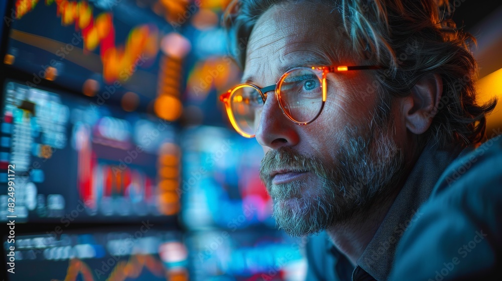 Close-up of a focused trader wearing glasses, intently analyzing stock market data on multiple screens in a dimly lit room. Close-up of a focused trader wearing glasses, intently analyzing stock market data on multiple screens in a dimly lit room.