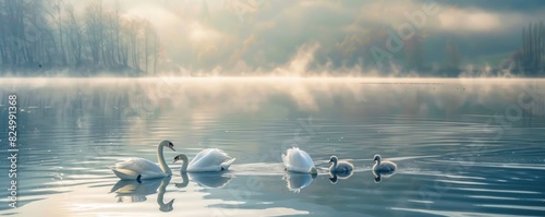 Serene lake with a family of swans gliding on the water
