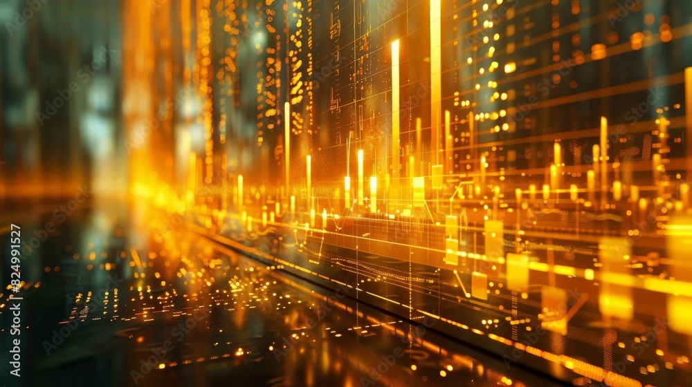 Abstract image featuring golden data visualizations and charts, representing technology, analytics, and futuristic data analysis.