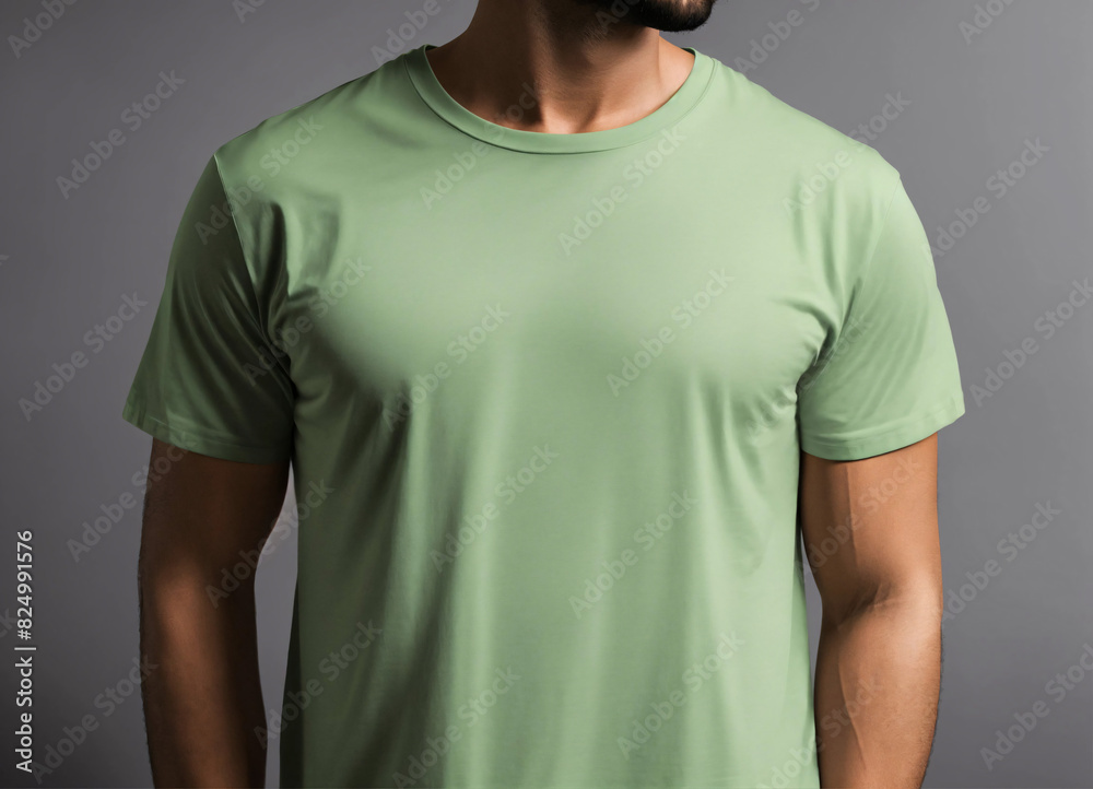 man in stylish light green t-shirt on gray background, front view. Mockup for design, mock up, template man in stylish light green t-shirt on gray background, front view. Mockup for design, mock up, template