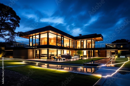Panoramic photo of a modern house with outdoor and indoor lighting, at night. Ai generative  © Muh Saleh
