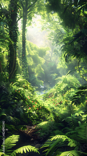 Lush Forest Landscape with Abundant Flora and Meandering River in Serene Natural Setting