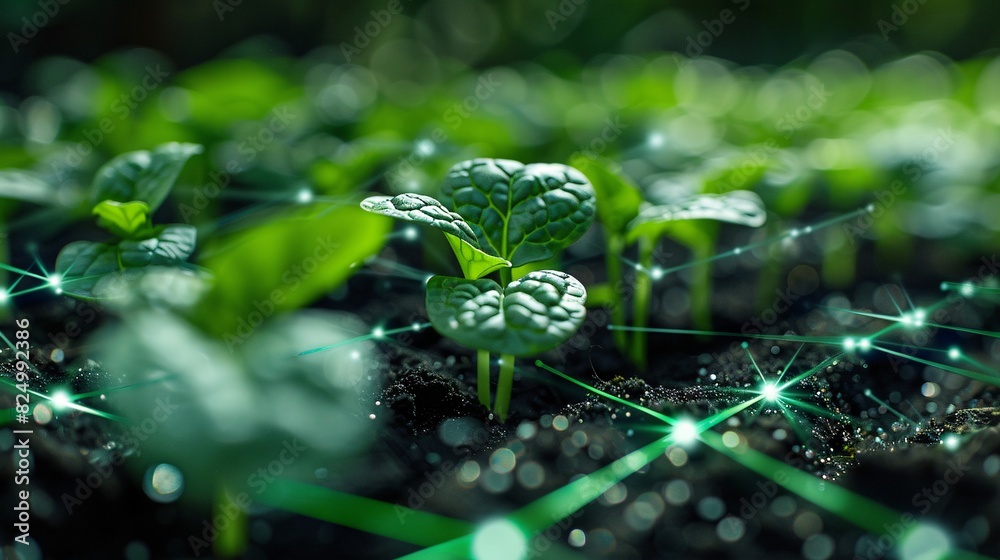 Young plants growing in technologically enhanced soil, representing the concept of smart agriculture and modern farming techniques.