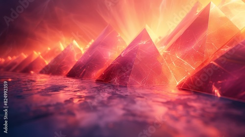 Abstract 3D Background. Boundless 3D space with rotating crystalline shapes, softly lit by ethereal light, evokes a tranquil and profound sense of depth.