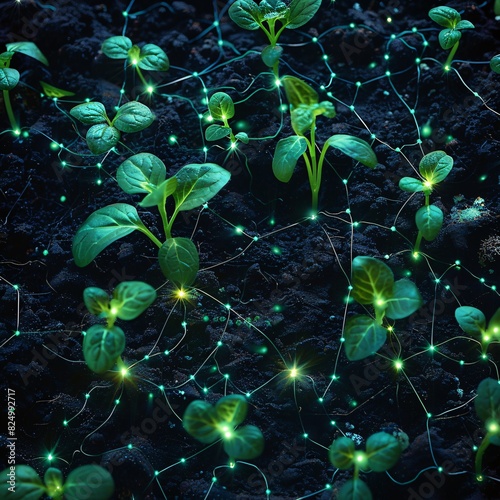 Young plants in soil illuminated by a glowing network, representing plant communication and interconnectedness in nature.