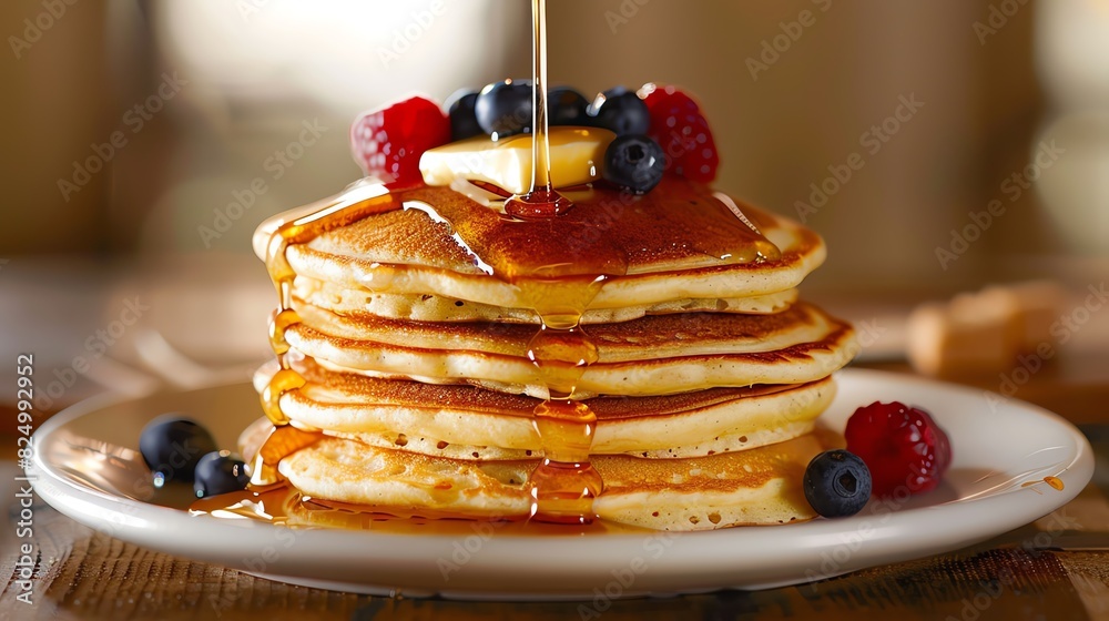 A stack of fluffy pancakes topped with a generous drizzle of maple syrup, a dollop of butter, and a scattering of fresh berries