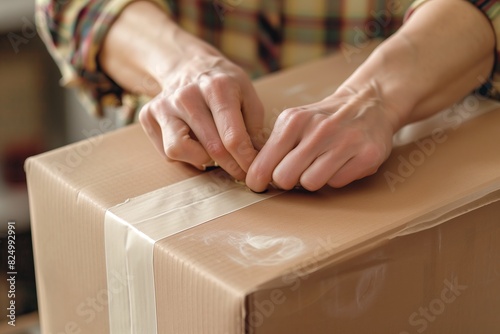 Hands Sealing Cardboard Box with Tape
