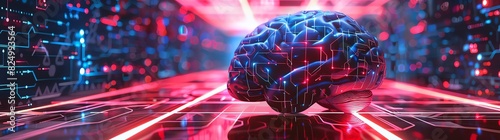3D rendering of the human brain with circuit board patterns, illuminated in red and blue neon lights. The background is blurred to emphasize a futuristic technology theme. There is an AI icon on one s photo