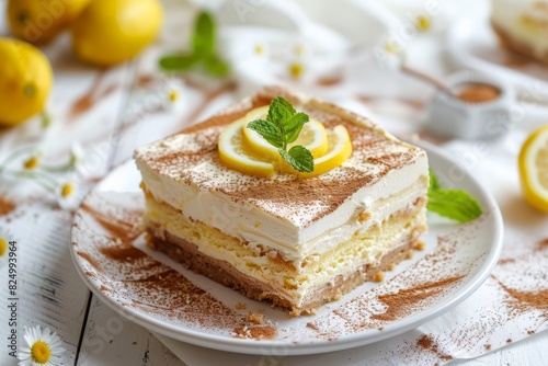 lemon tiramisu cake, summer dessert on a white ceramic plate on white wooden background 
