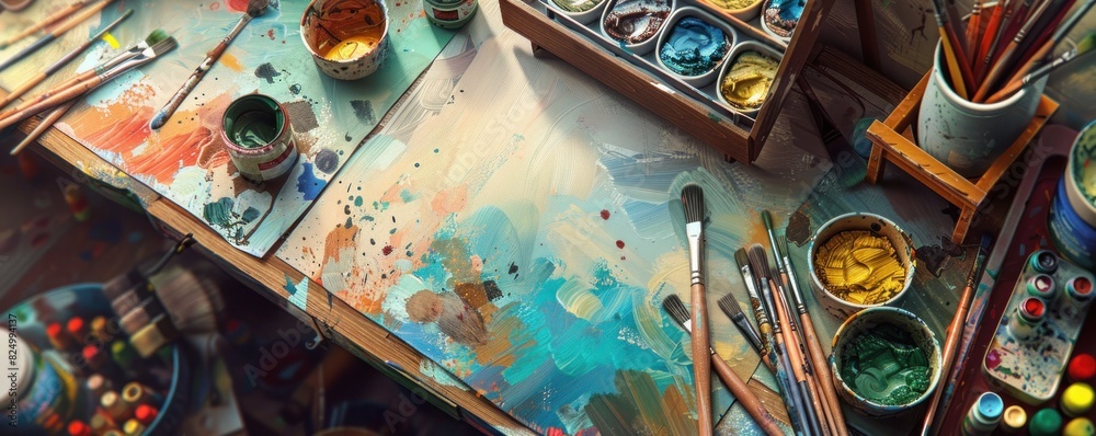 Fototapeta premium Art classroom with paints, brushes, and canvases