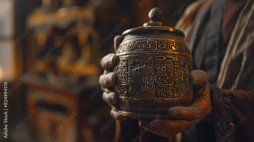 A close-up shot of a Buddhist prayer wheel, intricately carved with mantras, spinning slowly in the hands of a monk A close-up shot of a Buddhist prayer wheel, intricately carved with mantras, spinning slowly in the hands of a monk