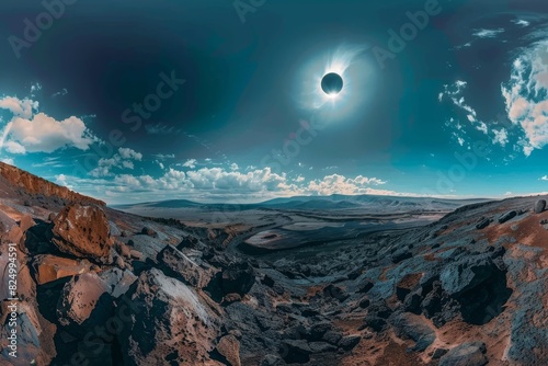 Solar eclipse panoramic view of the sky while the moon blocks the sun 