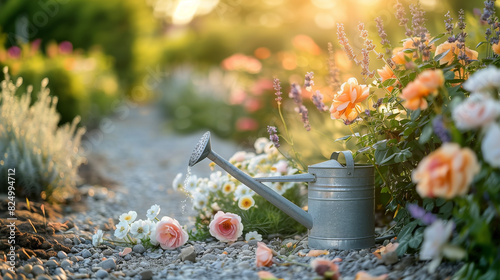 Watering can on the gravel path in the garden among roses and lavender in the warm sunset rays. beautiful gardening. the aesthetics of gardening photo